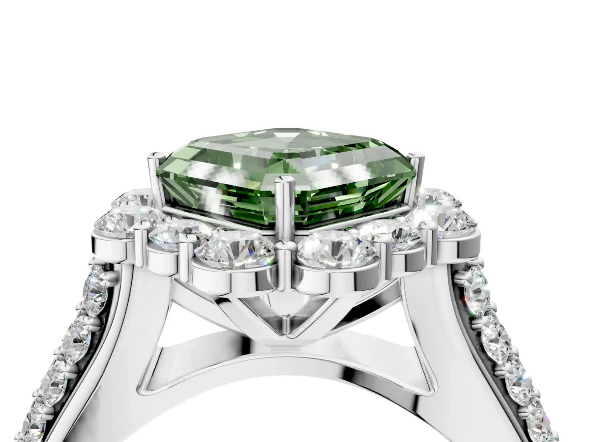 Fancy Green Asscher Cut Halo Diamond Engagement Ring with Split Shank and Prong Setting Platinum