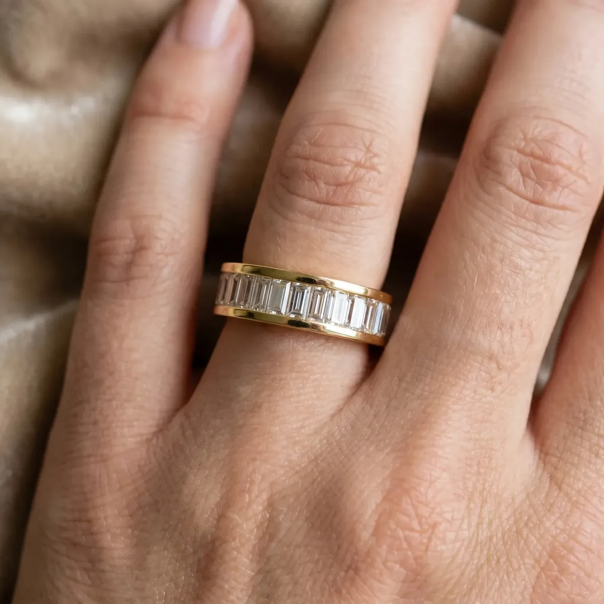 baguette Cut eternity band with channel set Yellow gold