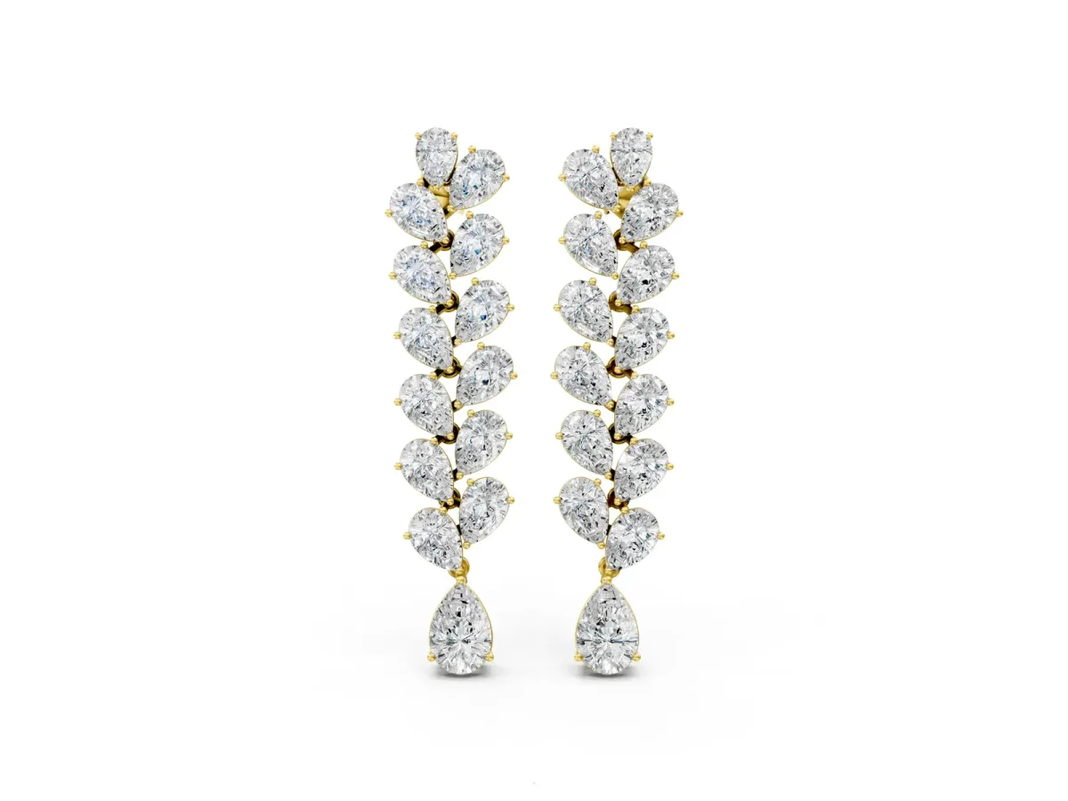 Pear Diamond Cascading Leaf Drop Earrings Yellow gold