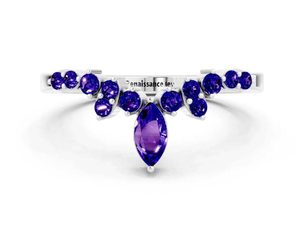 Marquise and Round Tanzanite Chevron Band with Prong Setting Silver