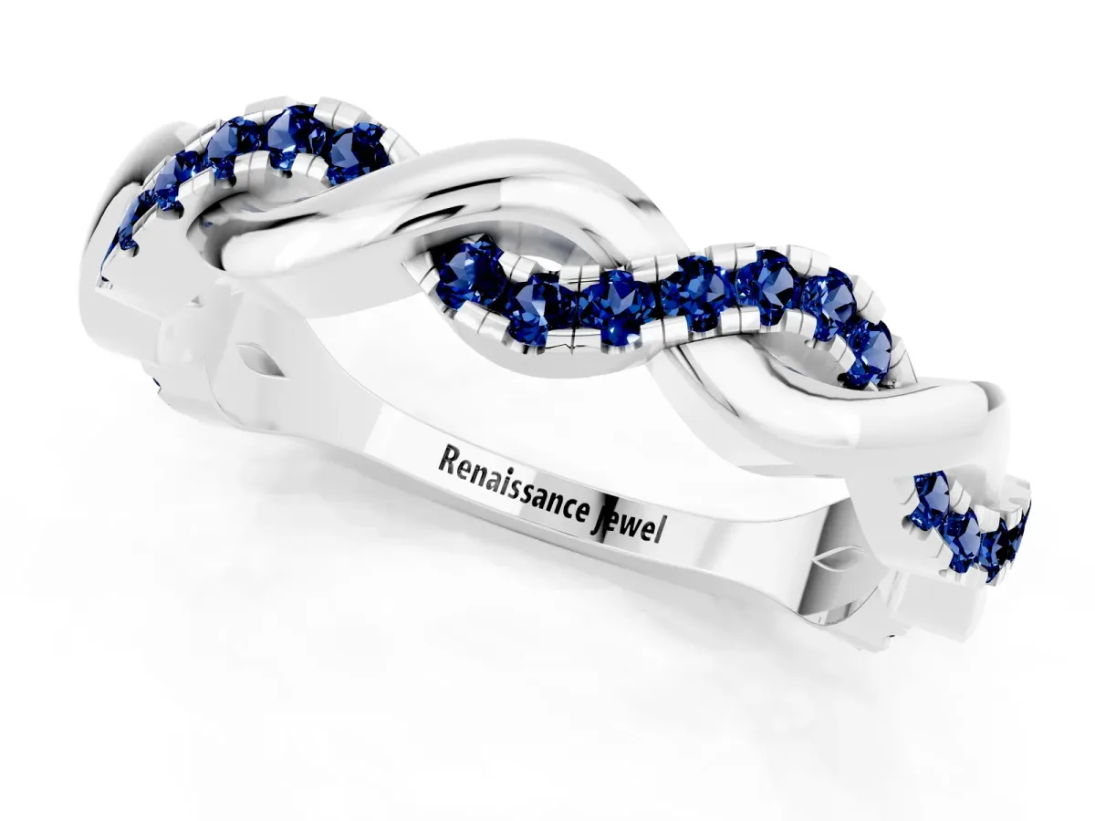Pavé Round Blue Sapphire Twist Eternity Band with Shared Prong Setting Silver