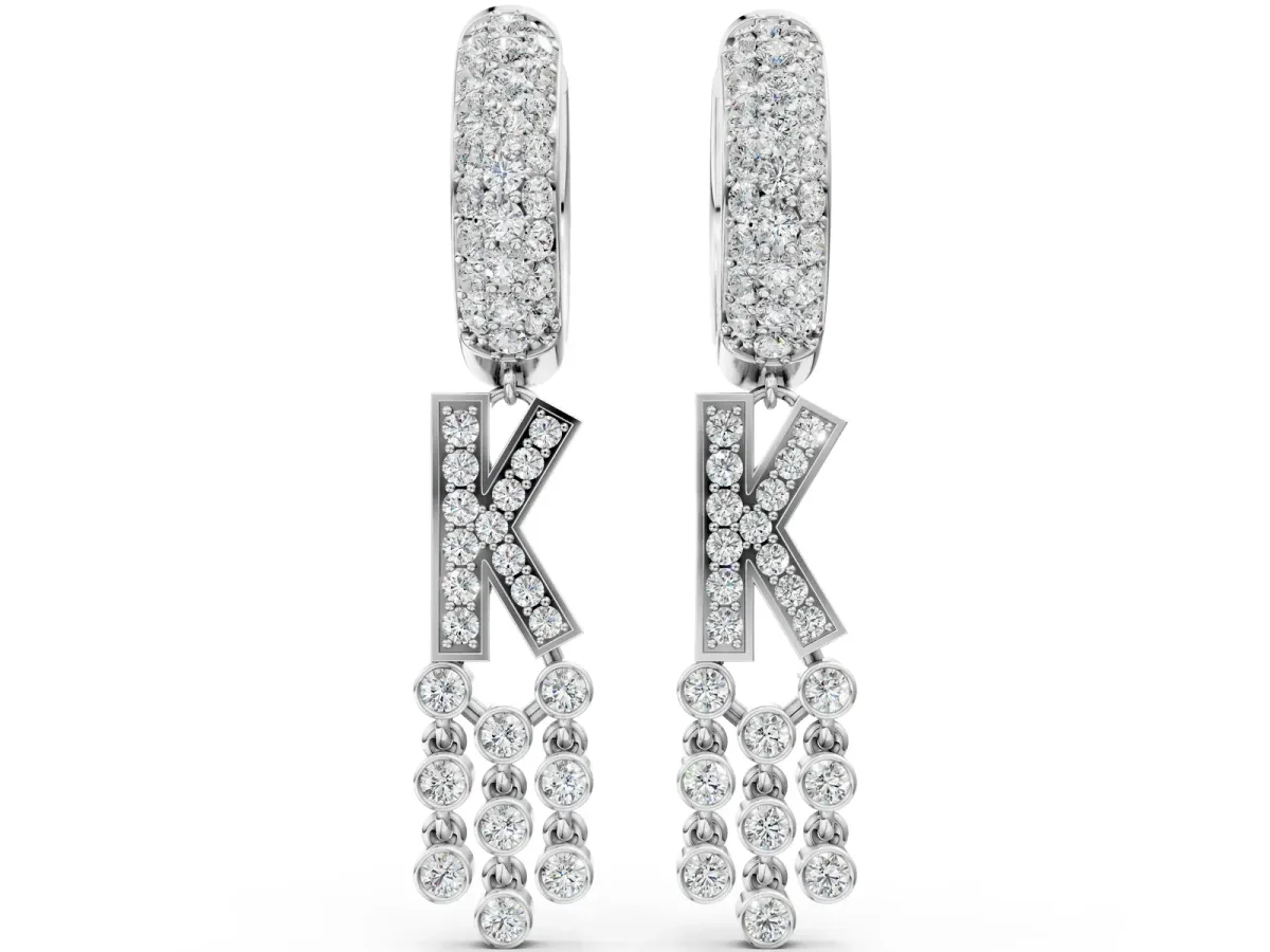 Round Diamond Initial K Huggie Hoop Earrings White gold