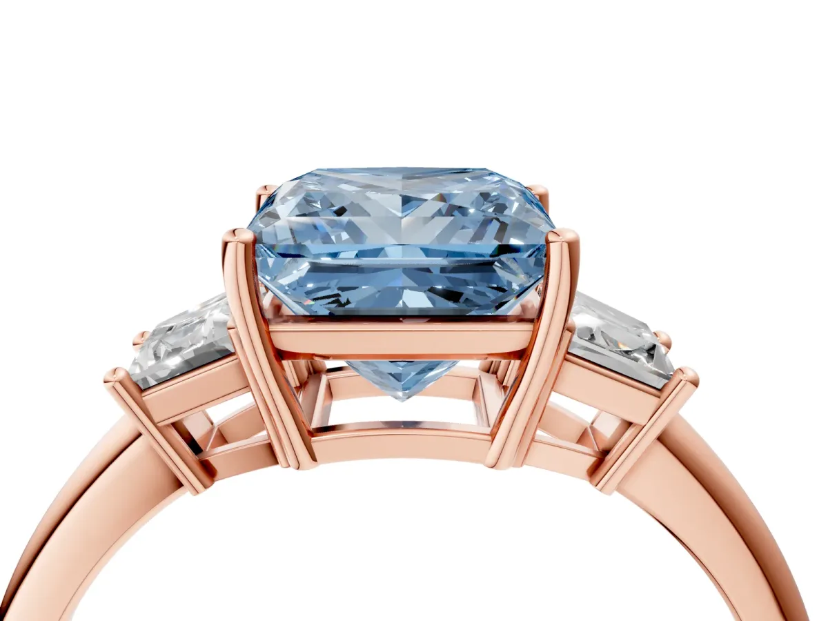 Fancy Blue Princess Cut Diamond Three-Stone Ring with Trapezoid Side Stones and Prong Setting Rose gold