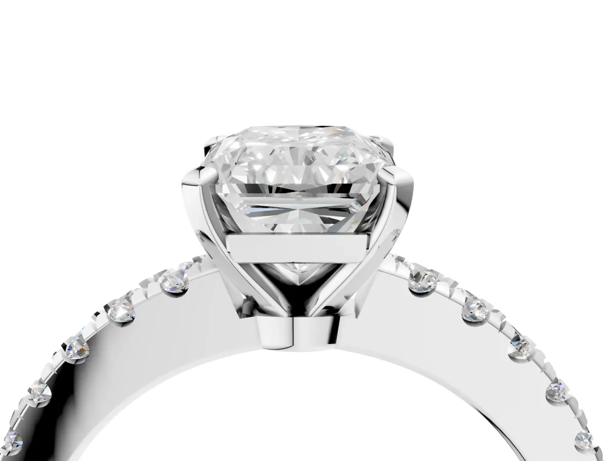 Radiant Cut Solitaire Diamond with Pavé Band and Four-Prong Setting Silver
