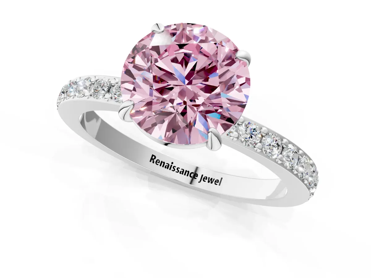 Fancy Pink Round Cut Diamond Solitaire Engagement Ring with Pavé Band and Four-Prong Setting Silver