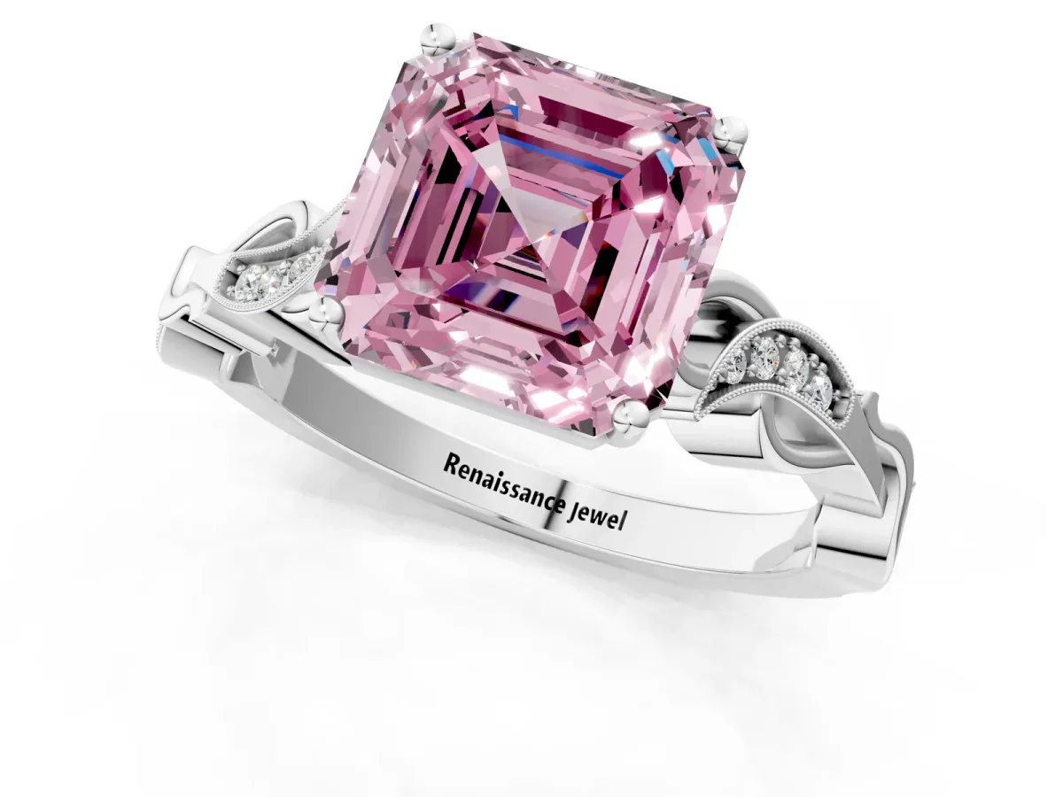 Fancy Pink Asscher Cut Solitaire Vine Band with Milgrain Prong Setting Platinum
