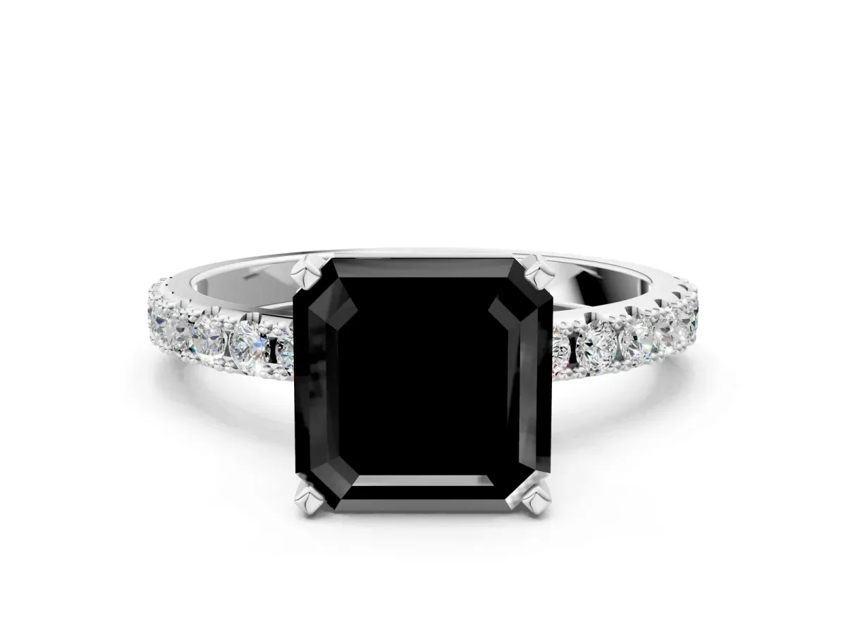 Fancy Black Asscher Cut Diamond Solitaire Pavé Band with Four-Prong Setting Platinum