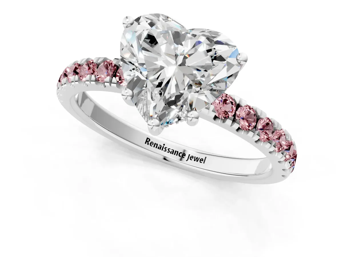 Heart Cut Diamond Pave Band Solitaire Ring with Round Morganite and Prong Setting Silver