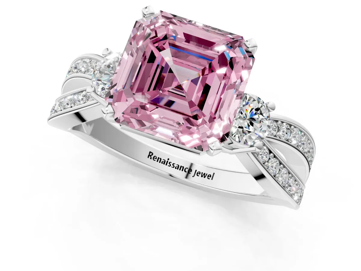 Fancy Pink Three-Stone Asscher Cut Cut Diamond Twist Band with Prong Setting Platinum
