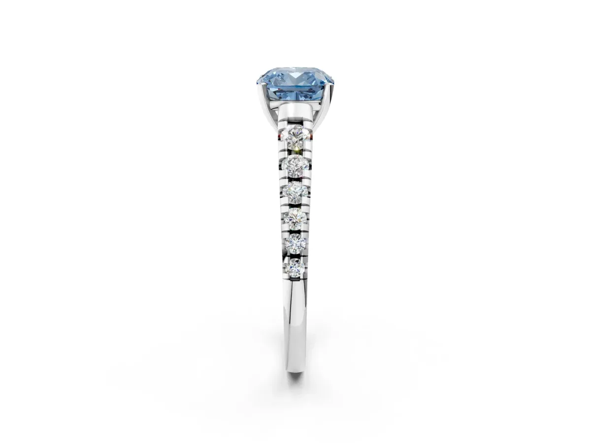 Fancy Blue Cushion Cut Diamond Cathedral Solitaire Ring with Round Pavé Band Silver