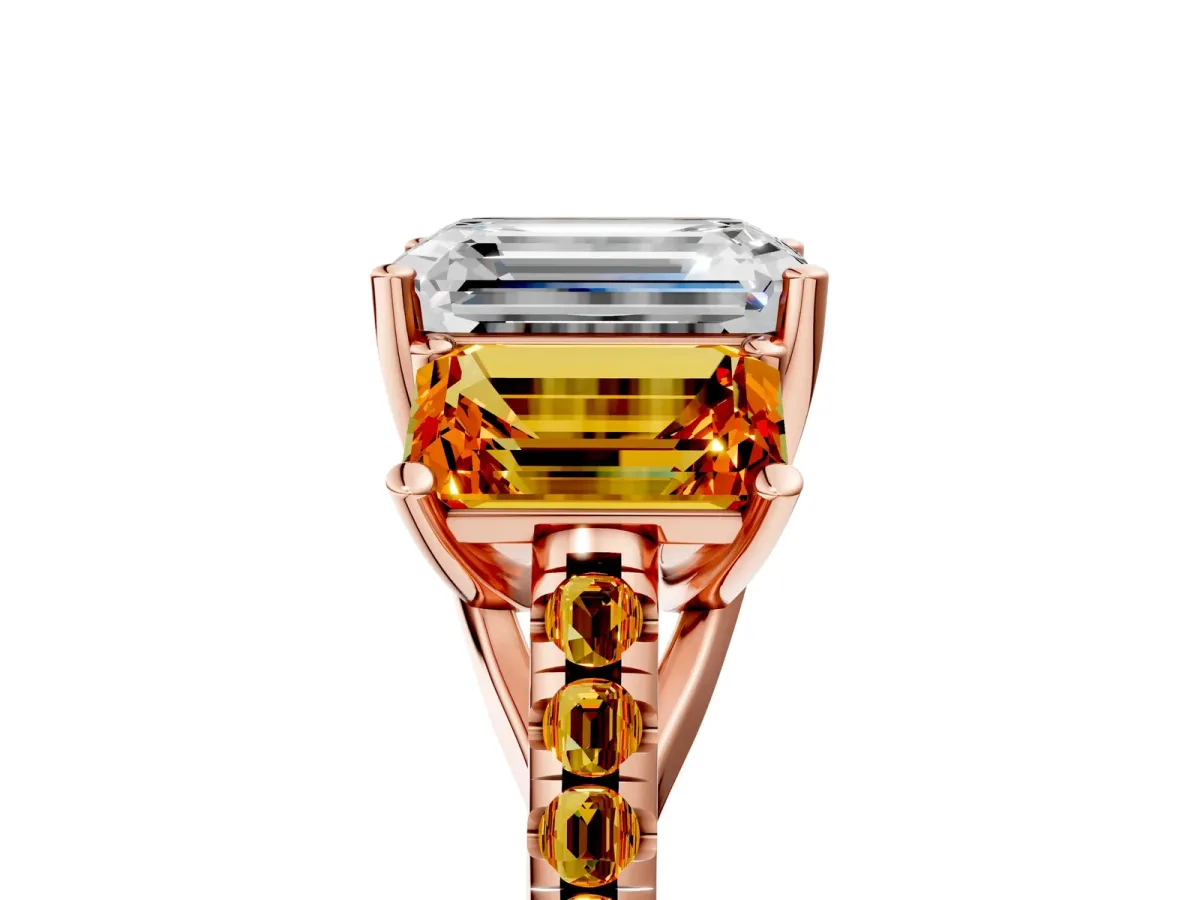 Three-Stone Emerald Cut Diamond Ring with Round Citrine Pavé Band and Prong Setting Rose gold