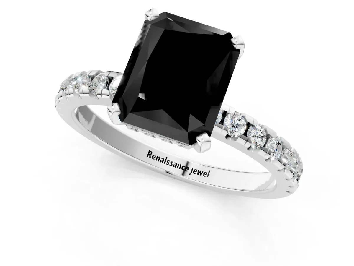 Fancy Black Radiant Cut Diamond Solitaire Ring with Round Pavé Band and Four-Prong Setting Silver