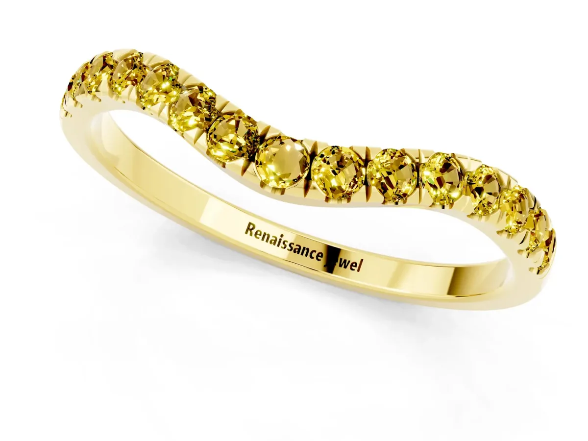 Curved Pavé Round Yellow Sapphire Wedding Band with Shared Prong Setting Yellow gold