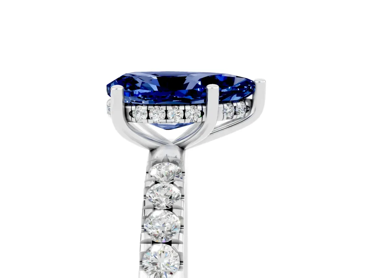 Pear Cut Blue Sapphire Pave Band Solitaire Ring with Round and Prong Setting Platinum