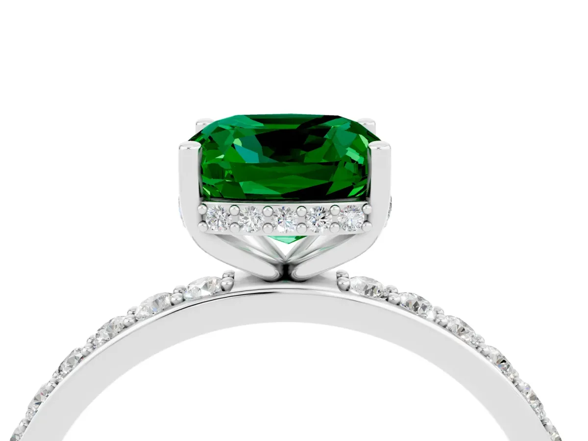 Cushion Cut Emerald Solitaire Ring with Pavé Band and Hidden Halo Silver