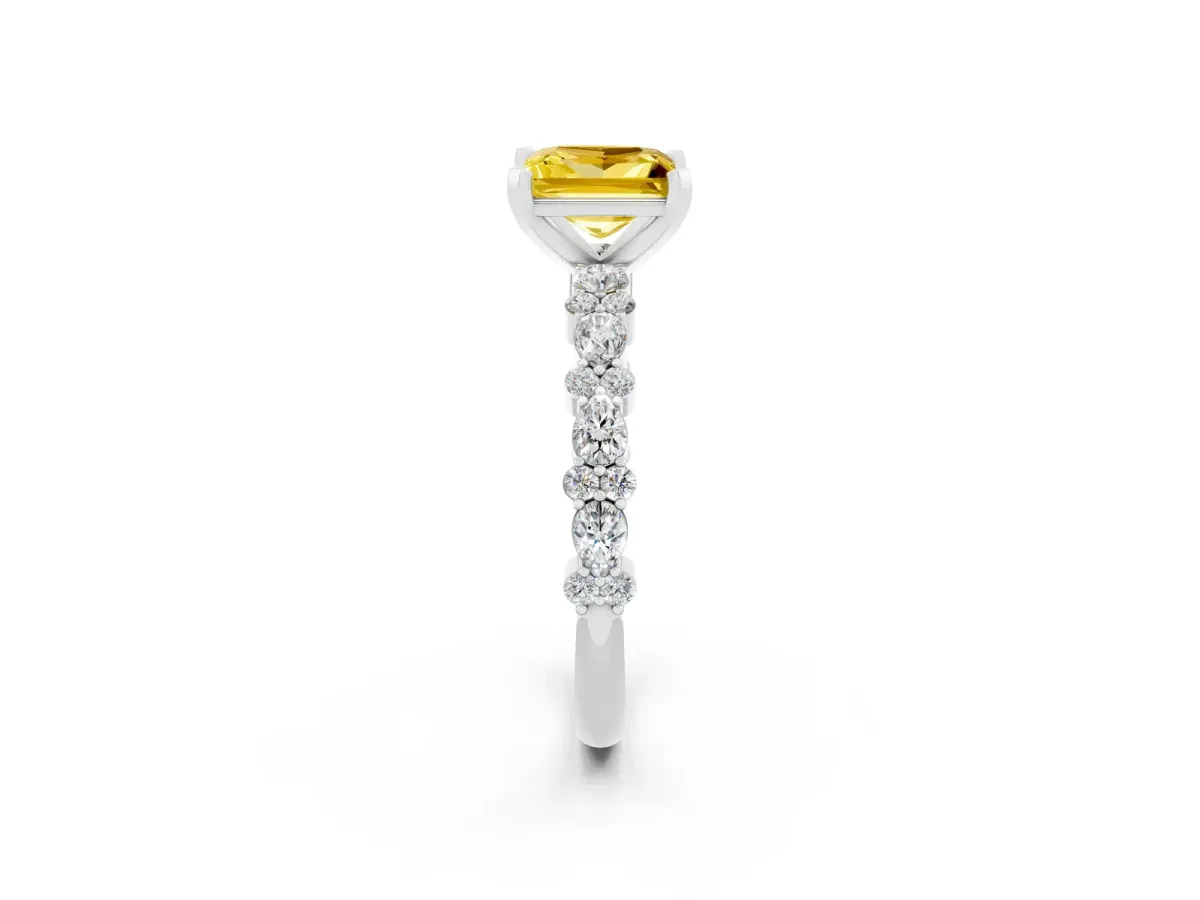 Princess Cut Yellow Sapphire Side Stone Solitaire Ring with Round and Four-Prong Setting Silver