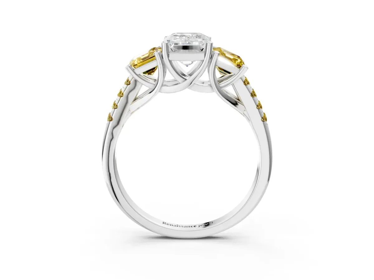Three-Stone Emerald Cut Diamond Ring with Round Yellow Sapphire Pavé Band and Prong Setting Silver