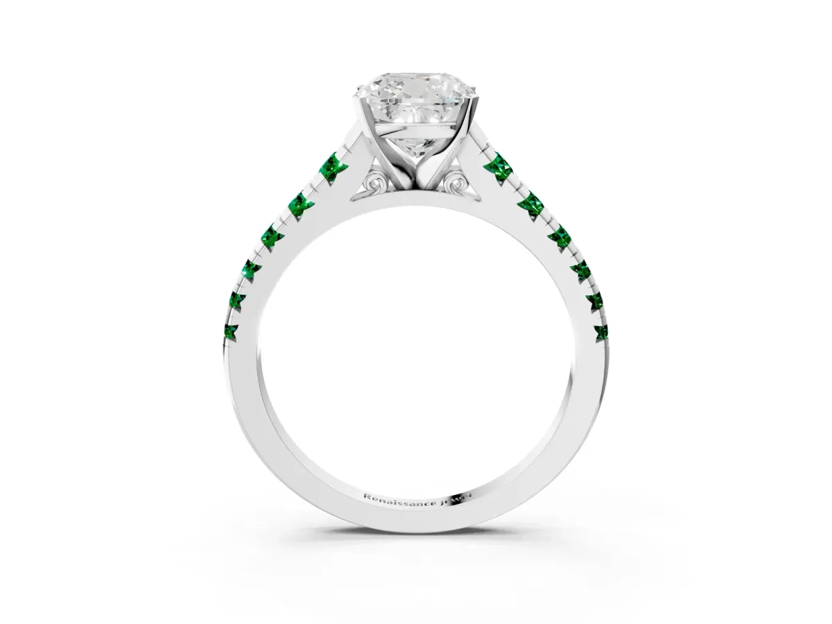 Cushion Cut Diamond Cathedral Solitaire Ring with Round Emerald Pavé Band Silver