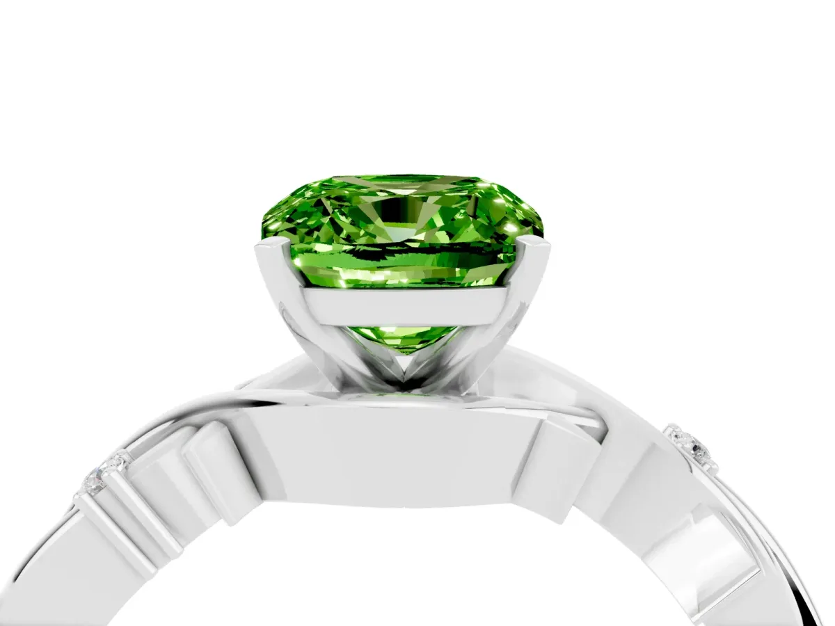 Cushion Cut Peridot Solitaire Ring with Twisted Band and Prong Setting Platinum