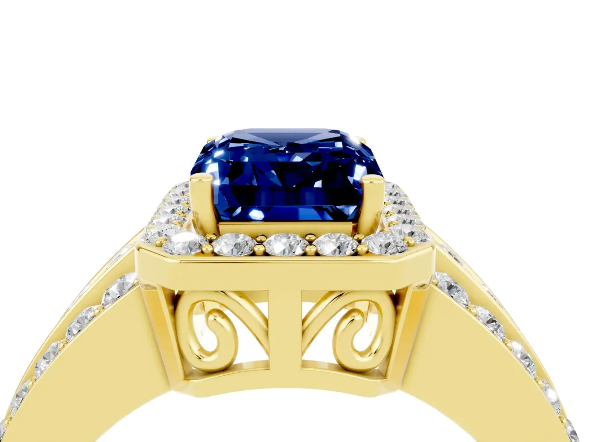 Emerald Cut Halo Blue Sapphire Ring with Round Split Shank and Prong Setting Yellow gold
