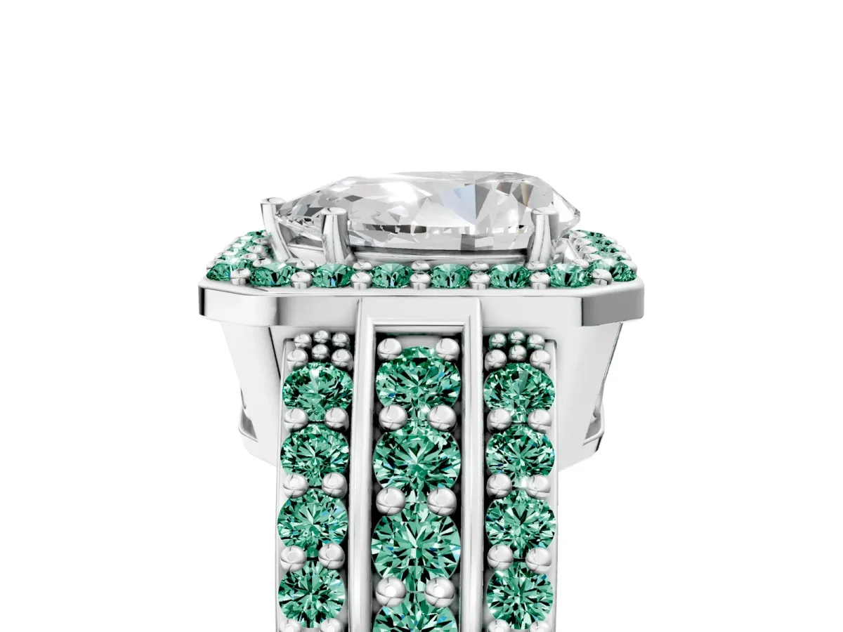 Pear Cut Halo Diamond Ring with Round Green Sapphire Split Shank and Prong Setting Silver