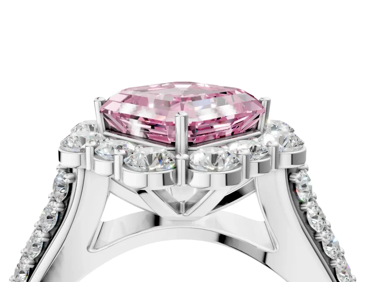 Fancy Pink Asscher Cut Halo Diamond Engagement Ring with Split Shank and Prong Setting Platinum