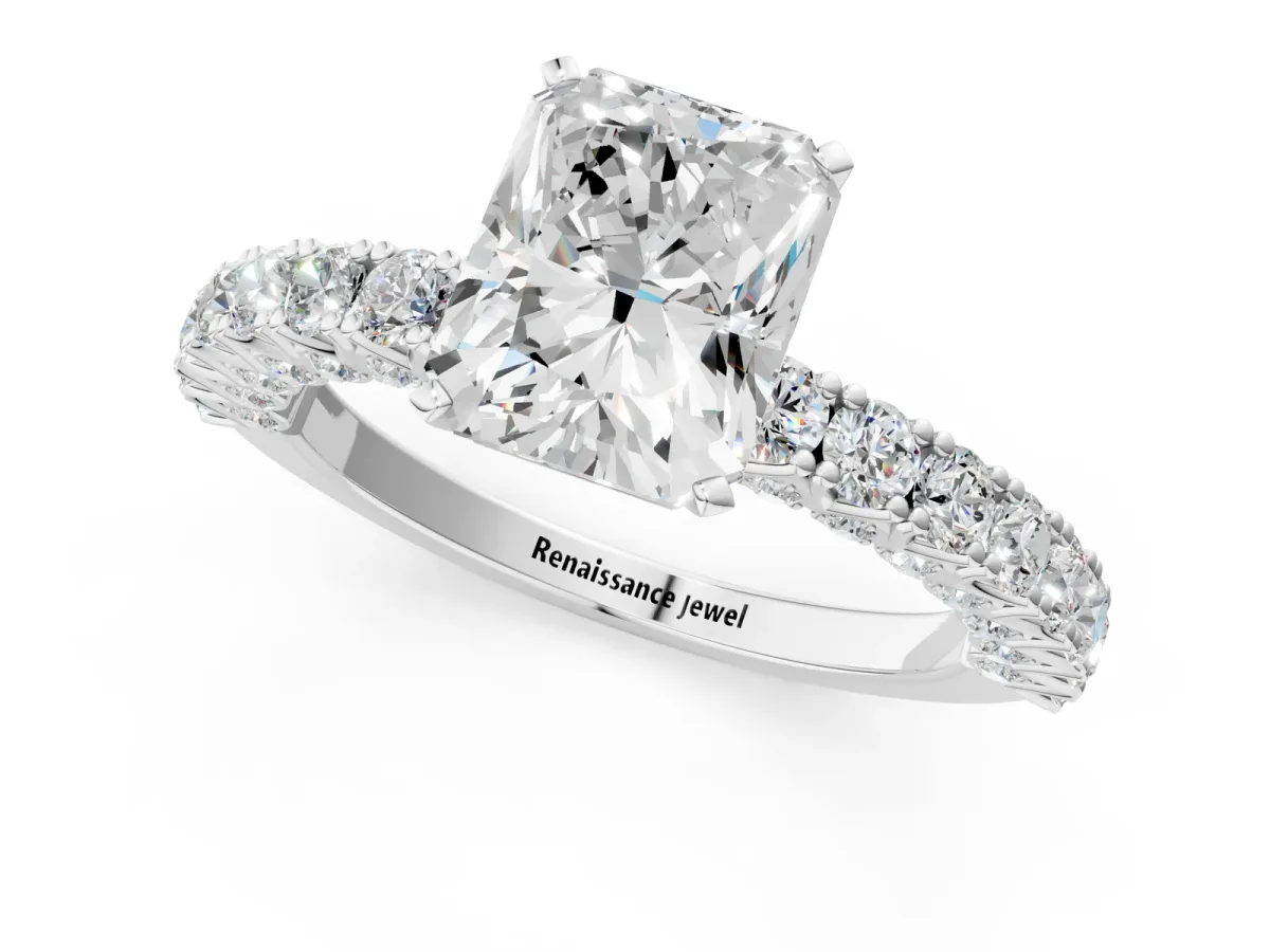 Radiant Cut Diamond Solitaire Ring with Round Accent Pavé Band and Prong Setting Platinum