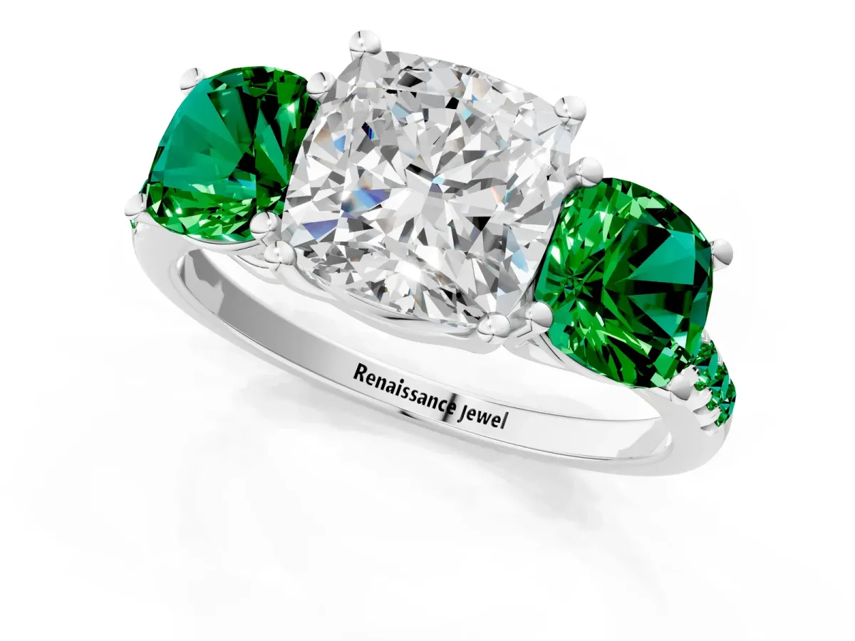 Three-Stone Cushion Cut Diamond Ring with Round Emerald Pavé Band and Prong Setting Silver