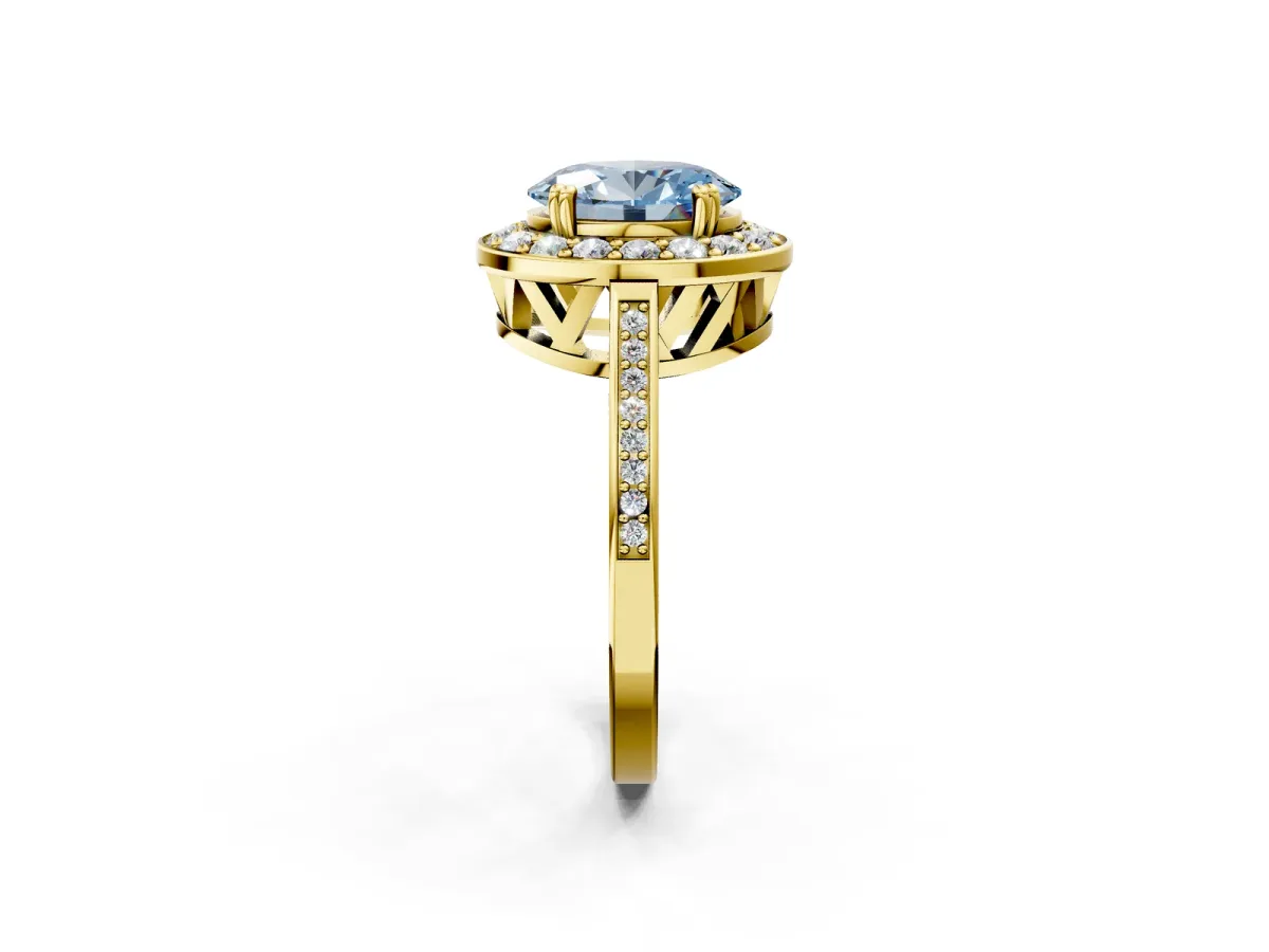 Fancy Blue Oval Cut Diamond Halo Ring with Split Shank and Four-Prong Setting Yellow gold