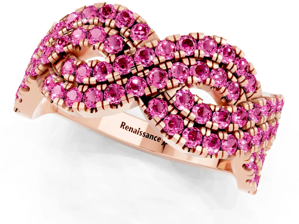 Pavé Round Pink Sapphire Infinity Twist Band with Shared Prong Setting Rose gold