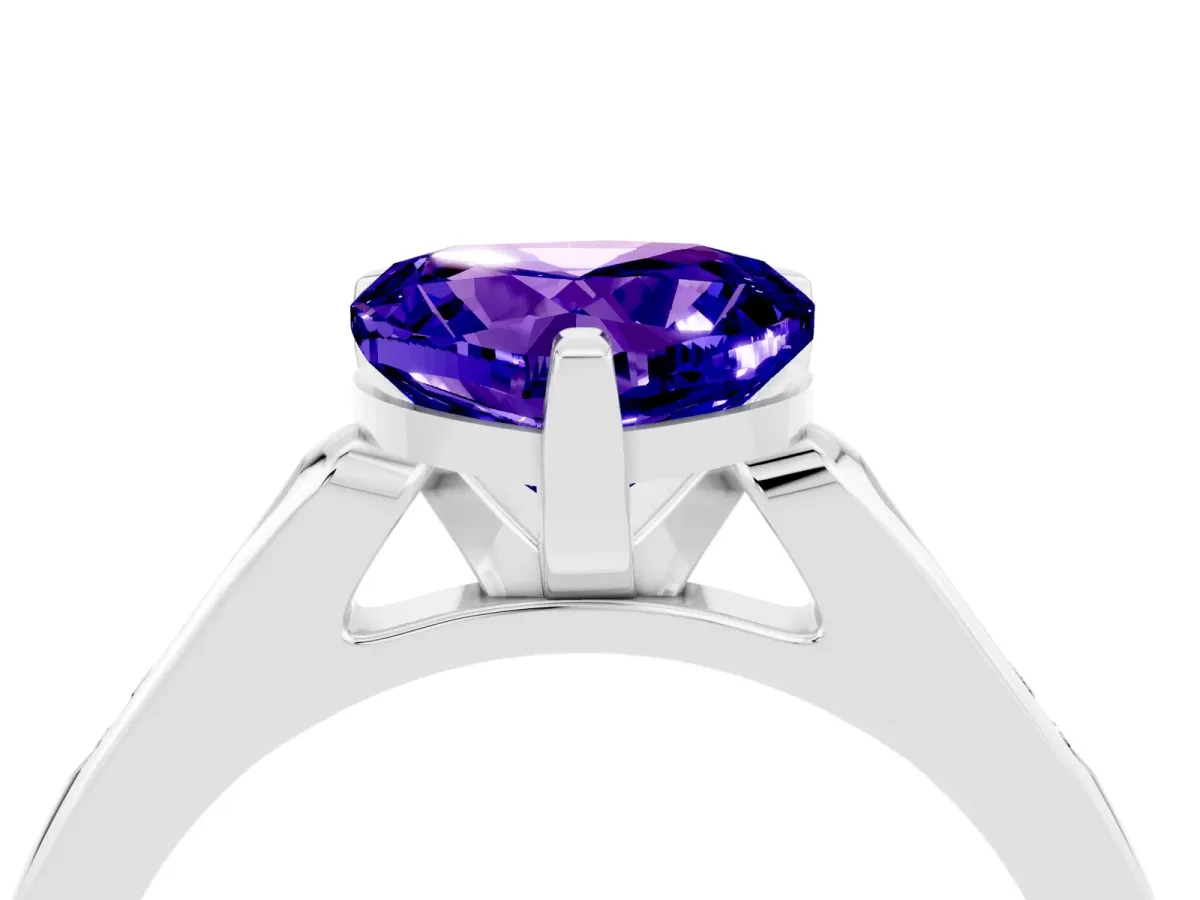 Heart Cut Tanzanite Solitaire Ring with Channel Set Round Band and Prong Setting Silver