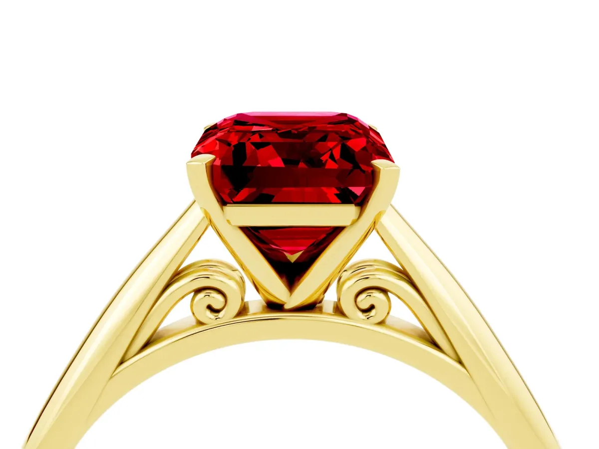 Emerald Cut Ruby Solitaire Engagement Ring with Cathedral Setting and Four-Prong Mount Yellow gold