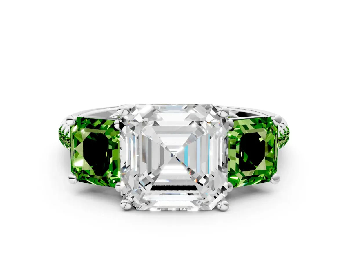 Three-Stone Asscher Cut Diamond Ring with Round Peridot Pavé Band and Prong Setting Silver