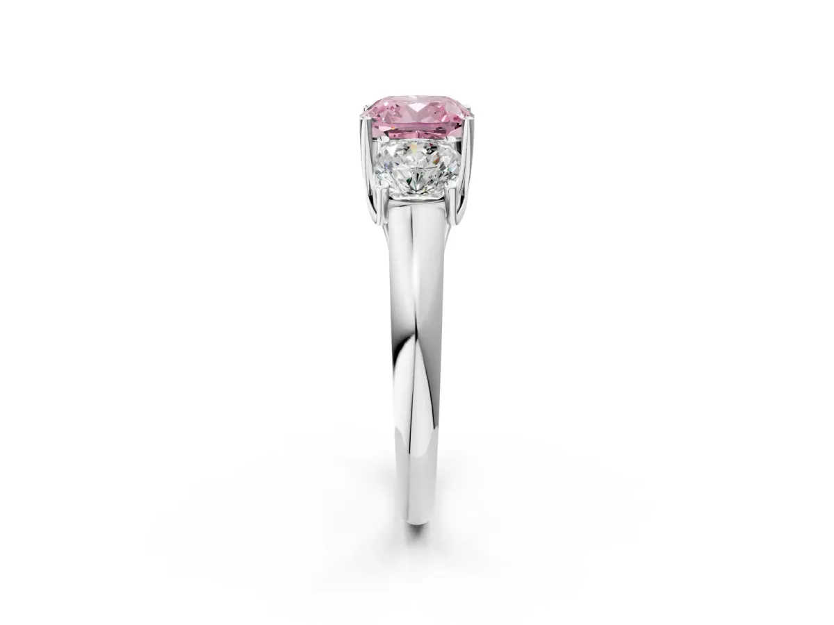 Fancy Pink Three-Stone Cushion Cut Diamond Engagement Ring with Prong Setting White gold
