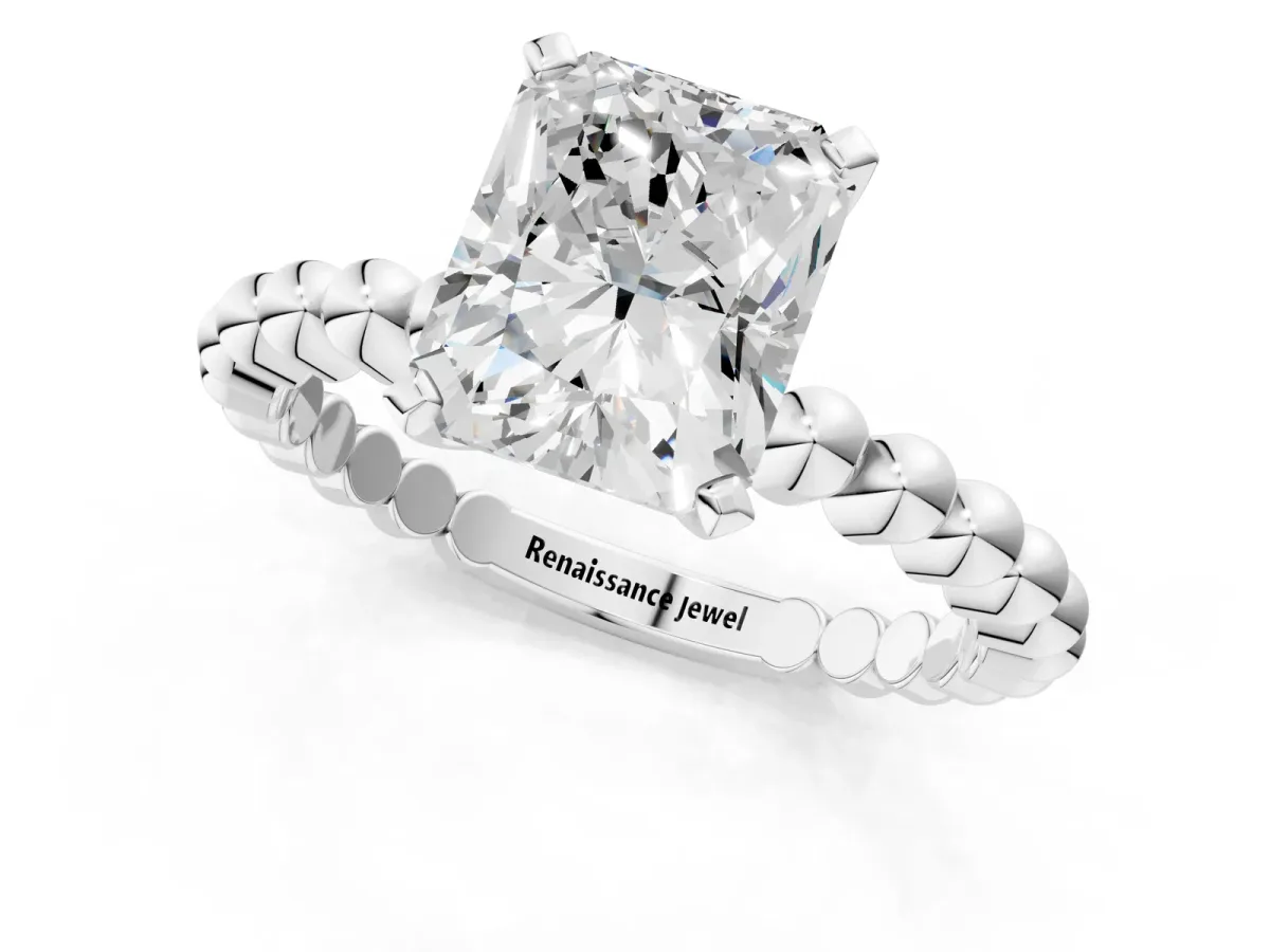 Radiant Cut Diamond Solitaire Ring with Beaded Band and Prong Setting White gold
