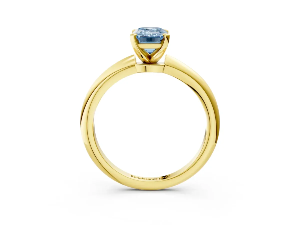 Fancy Blue Emerald Cut Diamond Solitaire Ring with Six-Prong Setting and Classic Band Yellow gold