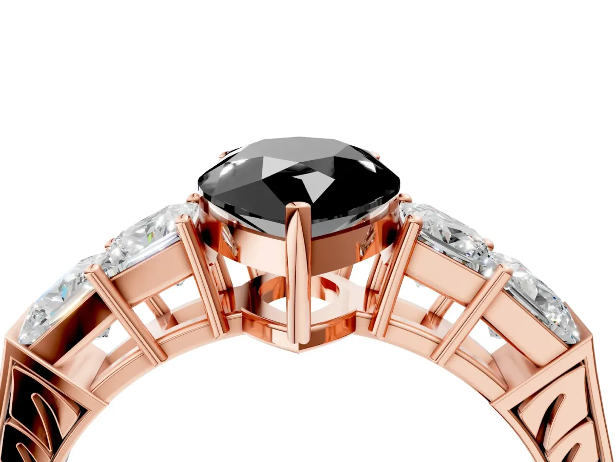 Fancy Black Pear Cut Solitaire Princess Side Stone Engraved Band Prong Setting Ring Rose gold