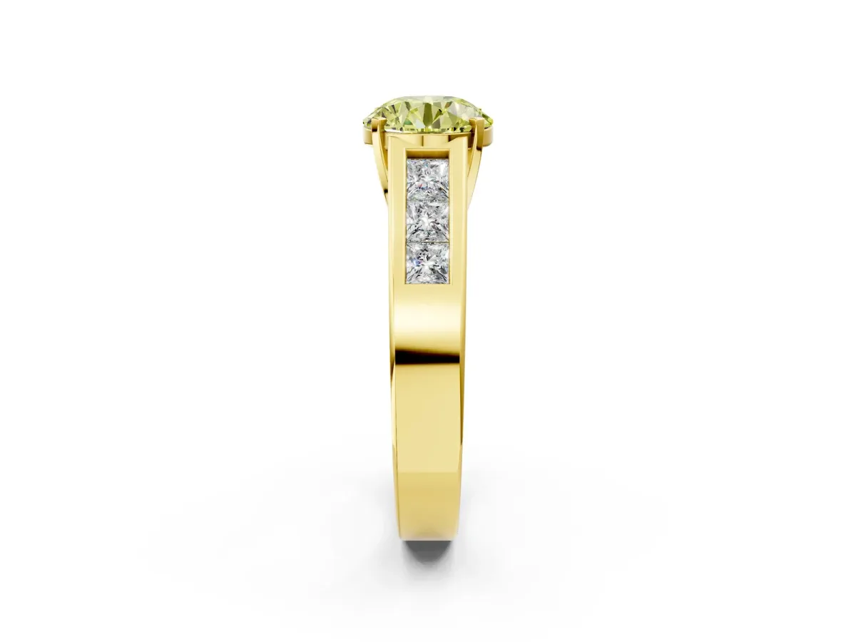 Fancy Yellow Round Cut Cut Channel Set Solitaire Ring with Four-Prong Setting Yellow gold