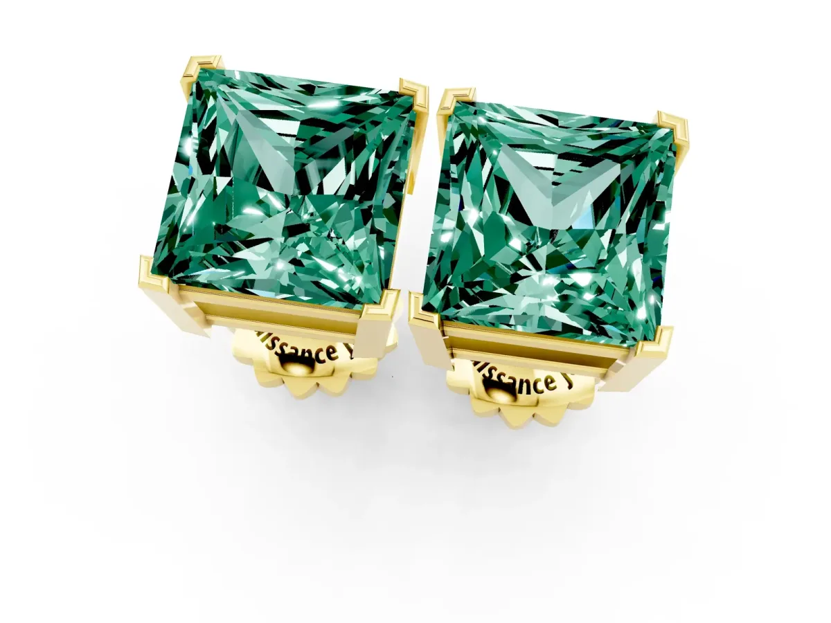 Princess Cut Green Sapphire Stud Earrings Yellow gold