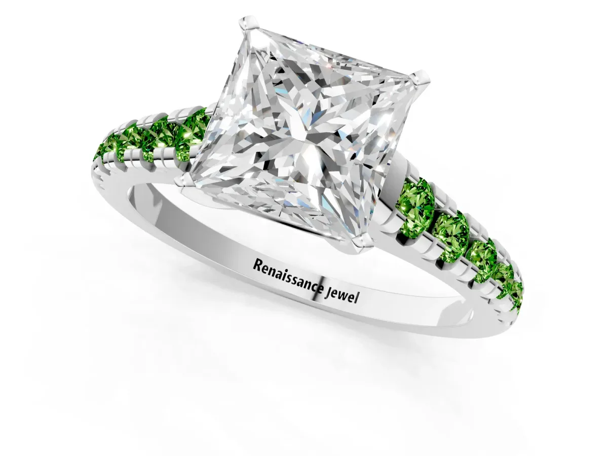 Princess Cut Diamond Cathedral Solitaire Ring with Round Peridot Pavé Band Platinum