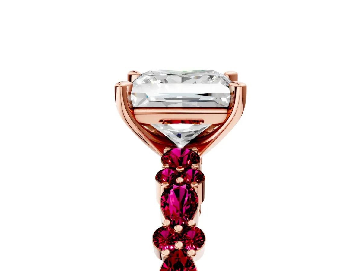 Princess Cut Diamond Side Stone Solitaire Ring with Round Garnet and Four-Prong Setting Rose gold