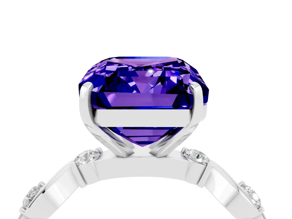 Emerald Cut Tanzanite Solitaire Twisted Band with Round Accents and Prong Setting Silver