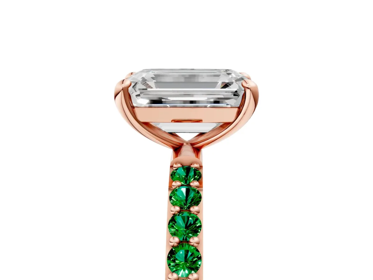Emerald Cut Diamond Solitaire Ring with Round Emerald Pavé Band and Prong Setting Rose gold