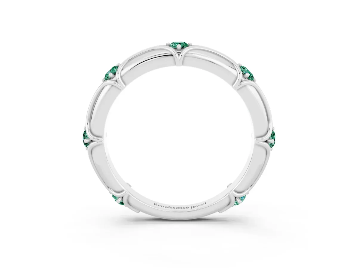 Round Green Sapphire Prong Set Milgrain Eternity Band Silver