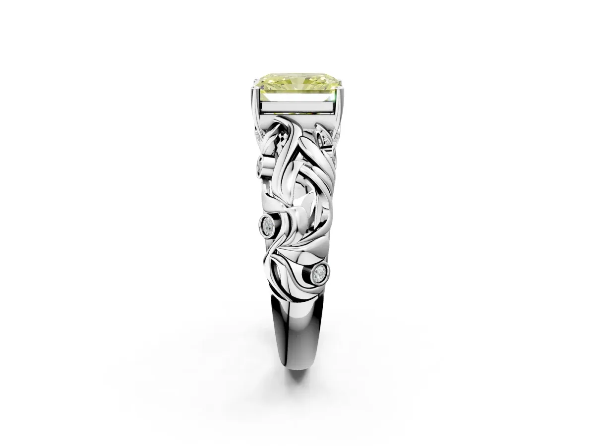 Fancy Yellow Radiant Cut Solitaire Diamond Leaf-Inspired Vine Band Ring with Prong Setting Platinum