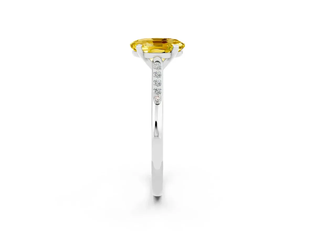 Oval Cut Yellow Sapphire Solitaire Ring with Channel Set Round Band and Prong Setting Silver