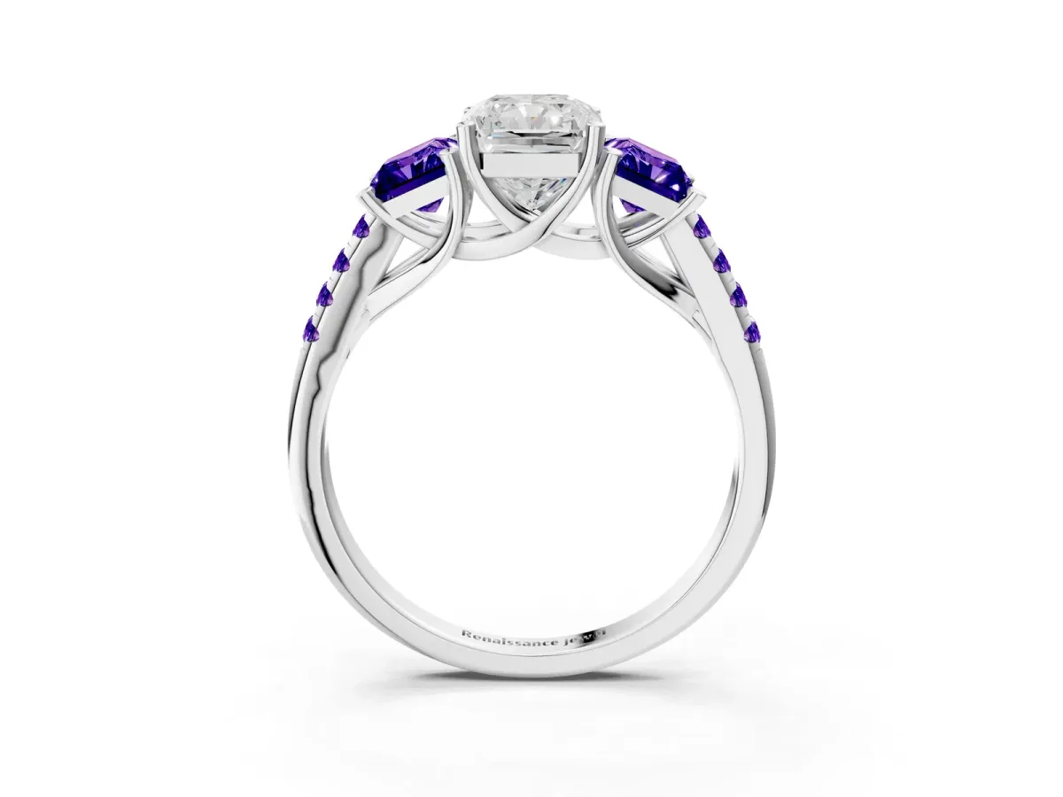 Three-Stone Radiant Cut Diamond Ring with Round Tanzanite Pavé Band and Prong Setting Silver