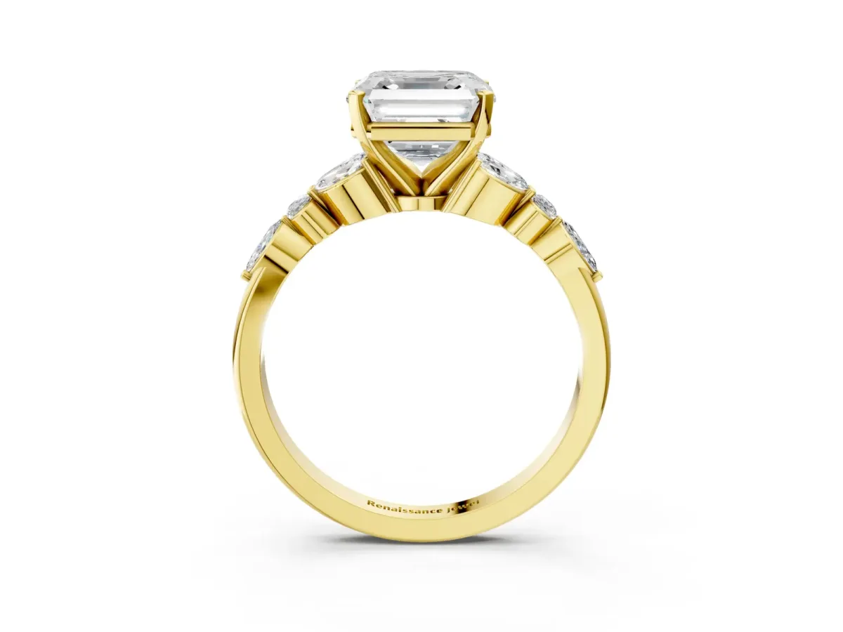 Asscher Cut Diamond Solitaire Ring with Side Stones and Four-Prong Setting Yellow gold