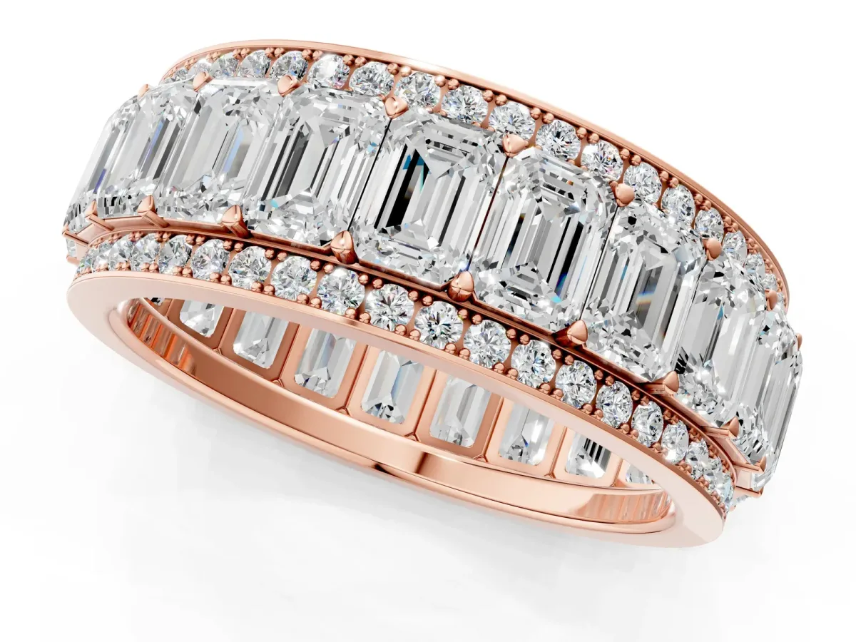 Emerald Cut and Round Diamond Multi-Row Mens Band Rose gold