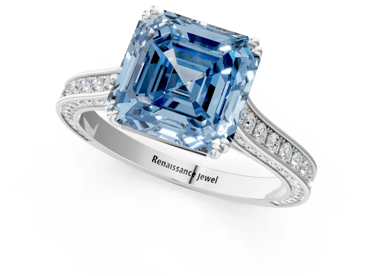 Fancy Blue Asscher Cut Diamond Solitaire with Pave Band and Six-Prong Setting Platinum